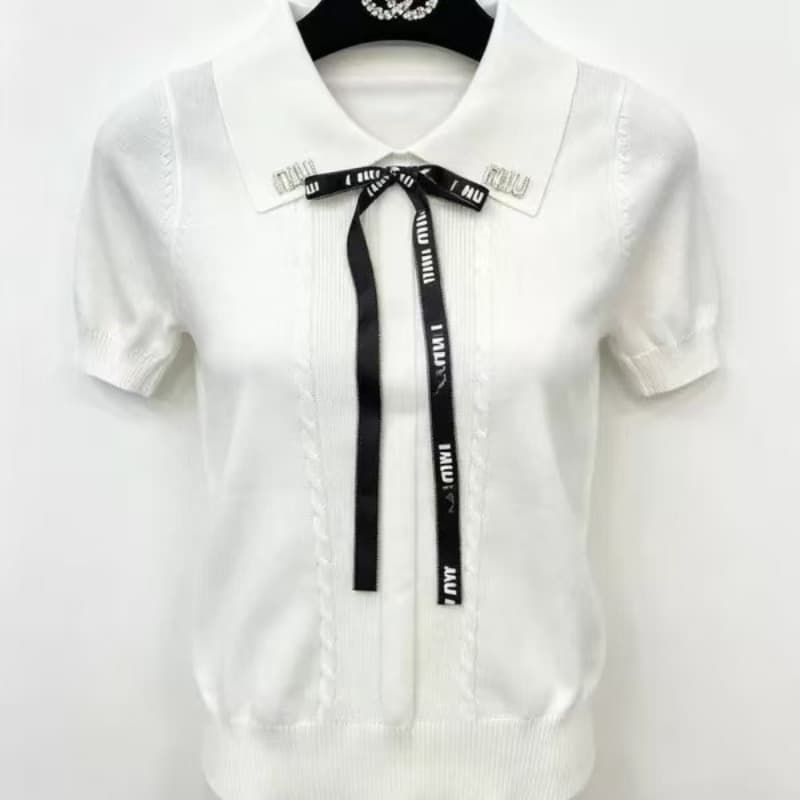 간결한 출퇴근 허리 수축 POLO 칼라 반팔 니트 26 여름 새로운 여성 프랑스식 탈착식 스트랩 맨위 이미지 5