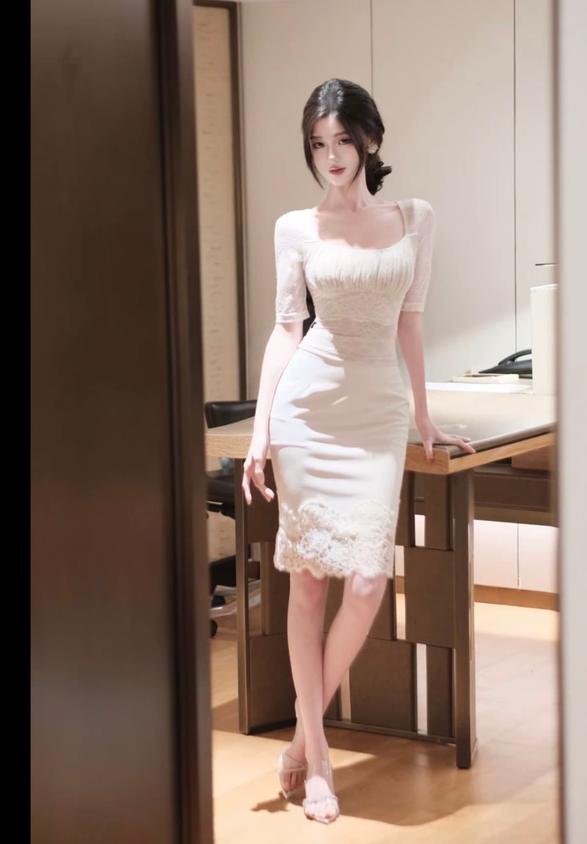 봄날 사역 얕은 살구 연기 부드러운 광장 칼라 섹시함 허리 수축 맨위 타이트 스커트 반신 치마 세트 c26617 이미지 3