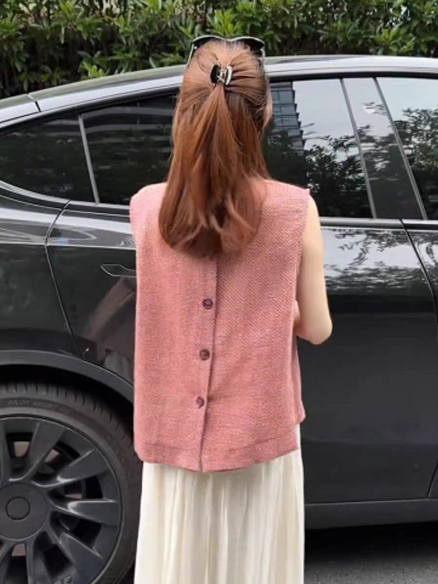 뒤로 단추 민소매 진자 조끼 여자 여름 외출용 작은 샤넬 스타일 루즈핏 조끼 2026 새로운 고급 센스 맨위 이미지 2
