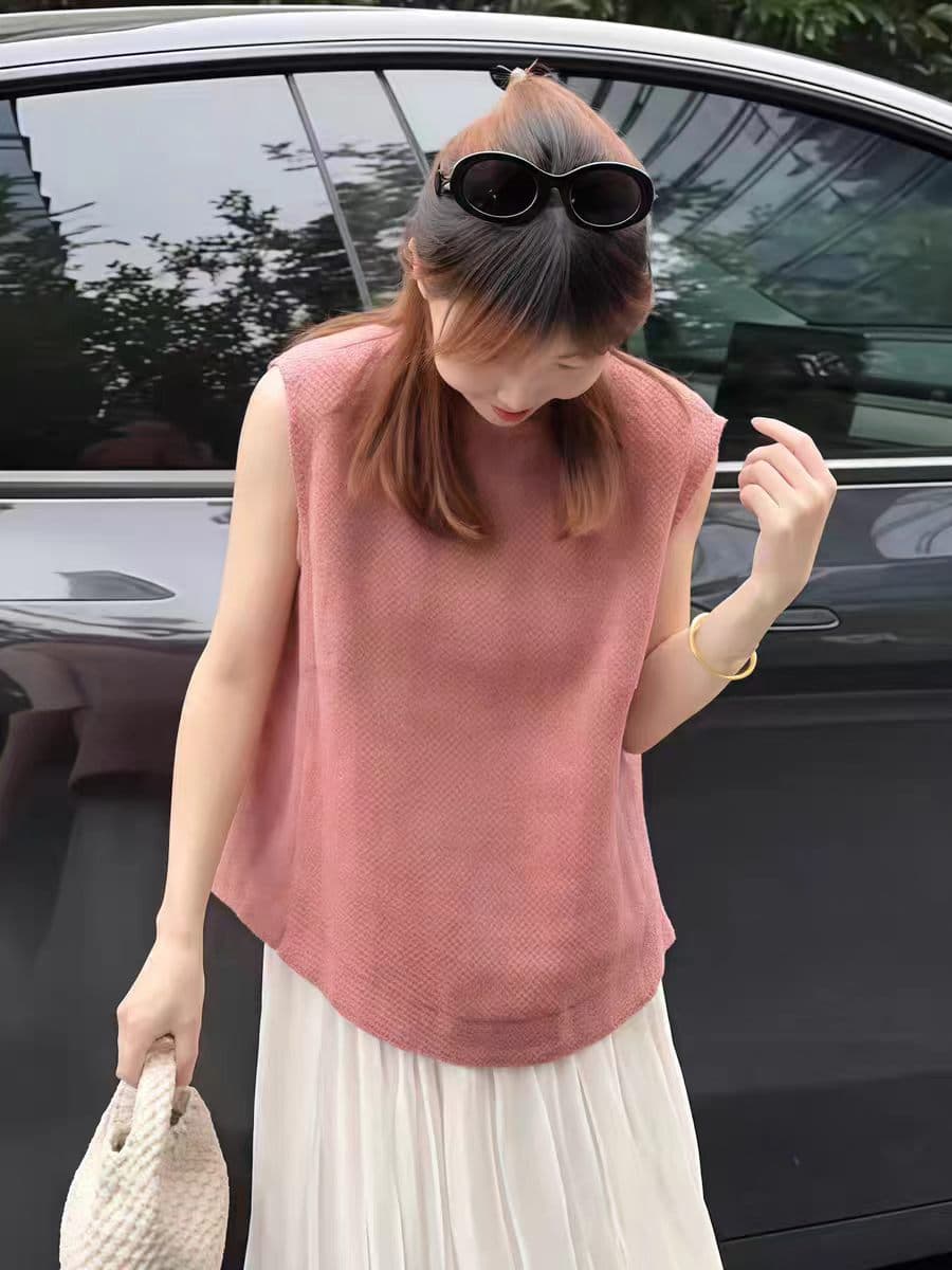 뒤로 단추 민소매 진자 조끼 여자 여름 외출용 작은 샤넬 스타일 루즈핏 조끼 2026 새로운 고급 센스 맨위 이미지 4