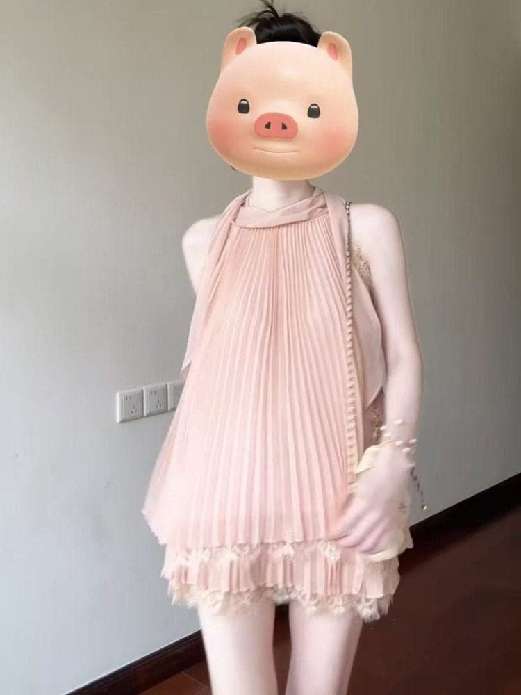 여름 아름다운 자이언트 잘 생긴 세트 레이스 플리츠 행침 목 민소매 맨위 여성 여름 쉬폰 반바지 투피스 세트 이미지 2