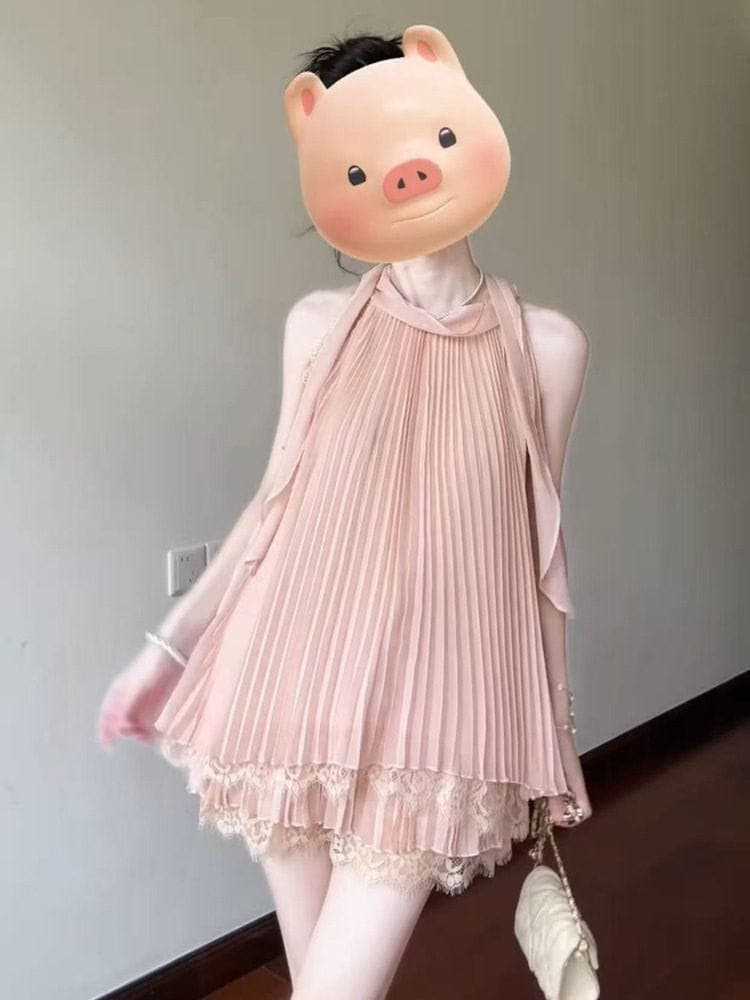 여름 아름다운 자이언트 잘 생긴 세트 레이스 플리츠 행침 목 민소매 맨위 여성 여름 쉬폰 반바지 투피스 세트 이미지 3