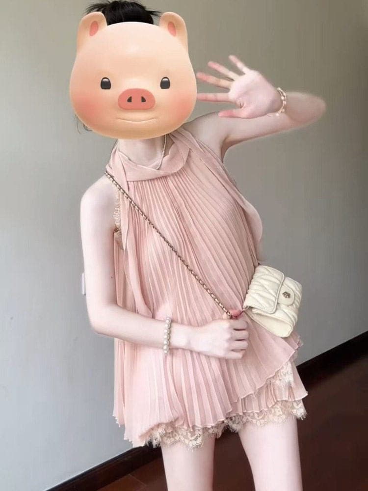 여름 아름다운 자이언트 잘 생긴 세트 레이스 플리츠 행침 목 민소매 맨위 여성 여름 쉬폰 반바지 투피스 세트 이미지 4