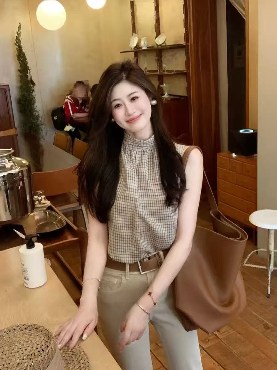 echoone 환영합니다. 여름 면 린넨 체크무늬 품격 둘 착용 리본 셔츠 여성 고급 품격 조끼 민소매 맨위 이미지 2