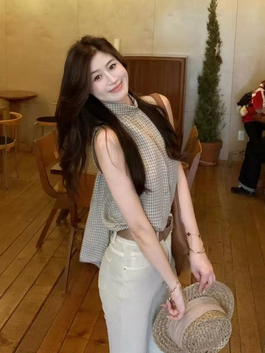 echoone 환영합니다. 여름 면 린넨 체크무늬 품격 둘 착용 리본 셔츠 여성 고급 품격 조끼 민소매 맨위 이미지 4