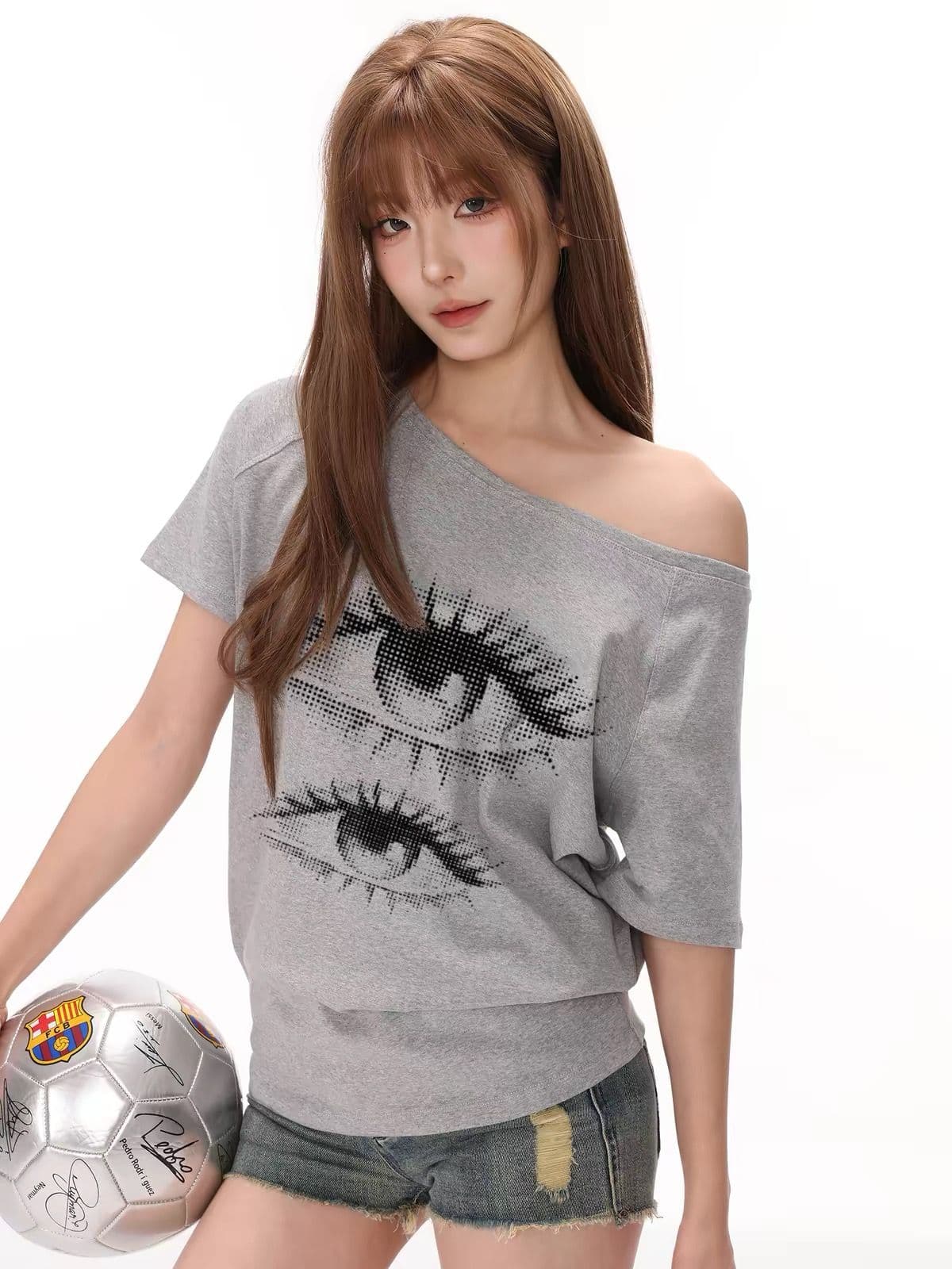 220 그램 92 면 8 암모니아 Lun 아메리칸 핫걸 비스듬한 어깨 알파벳 프린트 반팔 티셔츠 여성 이미지 4