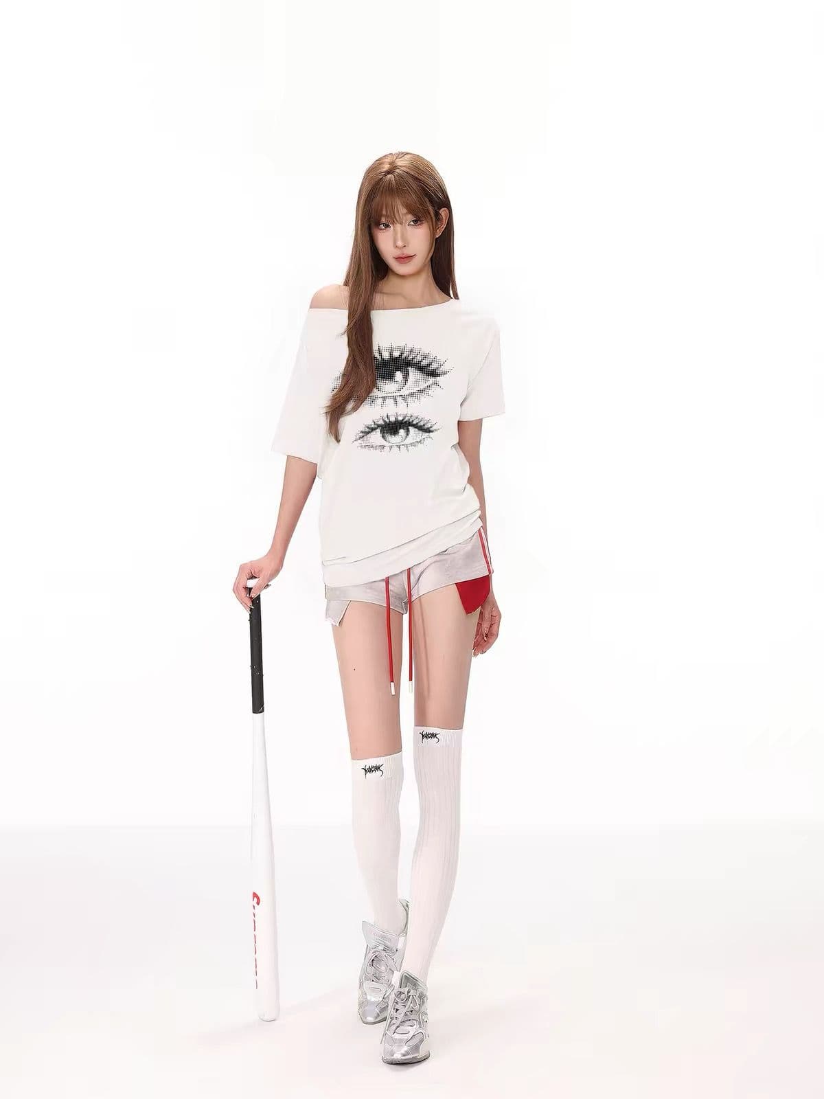 220 그램 92 면 8 암모니아 Lun 아메리칸 핫걸 비스듬한 어깨 알파벳 프린트 반팔 티셔츠 여성 상세 이미지 1