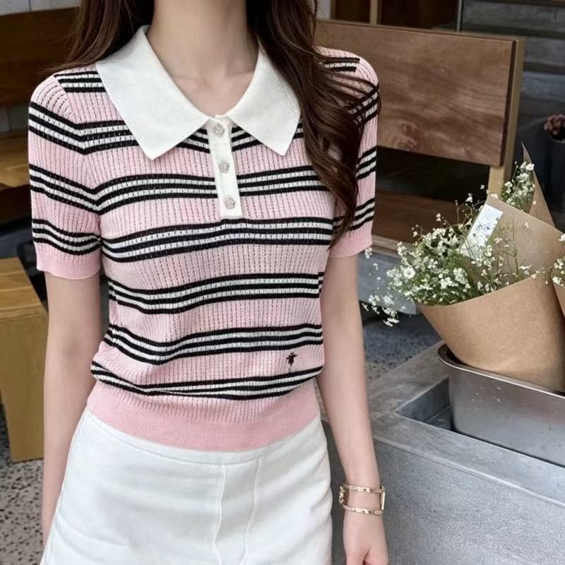 2026 봄 여름 새로운 한 부서 POLO 칼라 스트라이프 배색 반팔 니트 스웨터 여성 몸매 가꾸기 슬림해 보이는 외국 가스 맨위 얇은 상세 이미지 2