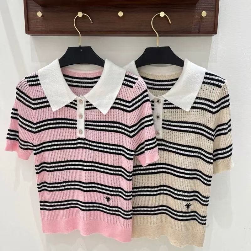 2026 봄 여름 새로운 한 부서 POLO 칼라 스트라이프 배색 반팔 니트 스웨터 여성 몸매 가꾸기 슬림해 보이는 외국 가스 맨위 얇은 상세 이미지 4