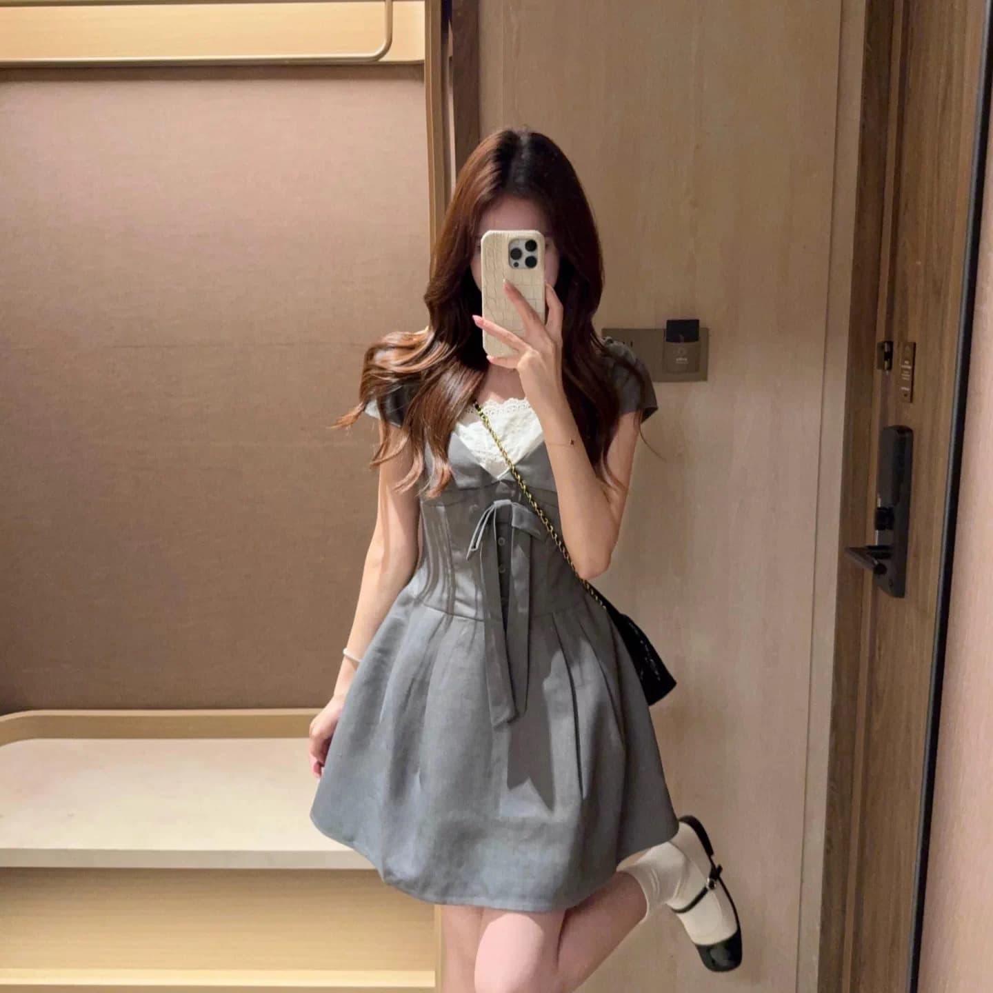 umoumo 우 버섯 여름 달콤함 폴로 칼라 나비 매듭 드레스 배색 패치워크 허리 수축 몸매 가꾸기 A라인 스커트 이미지 3