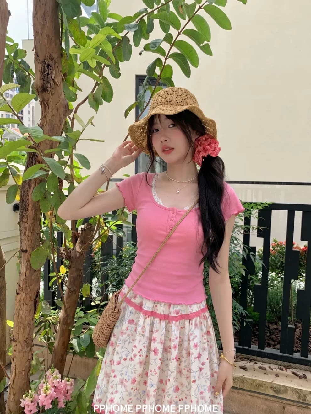 pphome 직접 만든 한 부서 프릴 반팔 티셔츠 배색 레이스 패치워크 꽃무늬 반신 스커트 두 조각 여성 세트 여름 상세 이미지 3