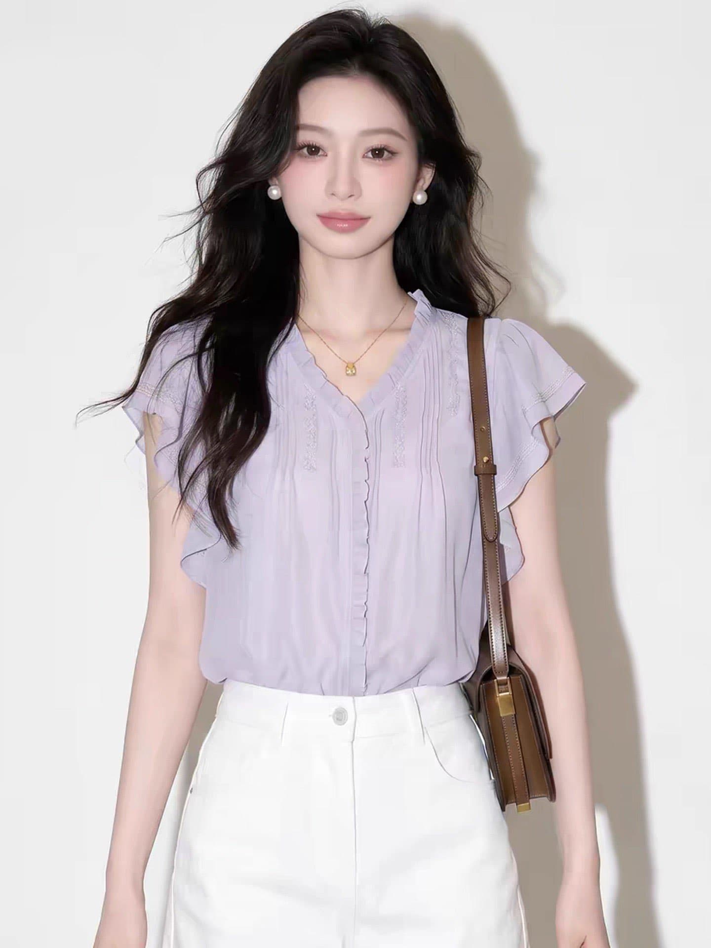 보라색 V넥 쉬폰 여성 셔츠 여름 2026 새로운 프랑스식 사소한 아름다운 Chic 매우 요정 ~ 중 작은 날다 소매 맨위 상세 이미지 1