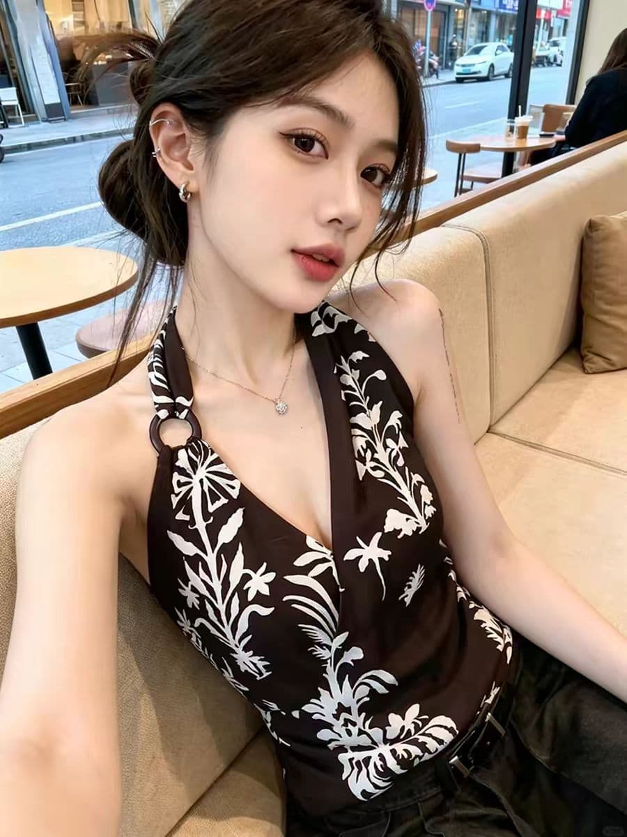 휴가 바람 프린트 V넥 행침 목 조끼 여성 외출용 몸매 가꾸기 민소매 맨위 우아함 스타일 상세 이미지 2
