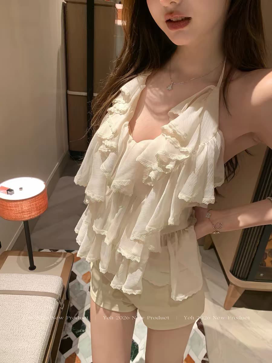 yoli 장 宥 이익 마그 리 빨간색 장미 빨간색 V넥 시폰 셔츠 여성 여름 레트로 항구 바람 다용도 슬림해 보이는 맨위 상세 이미지 2