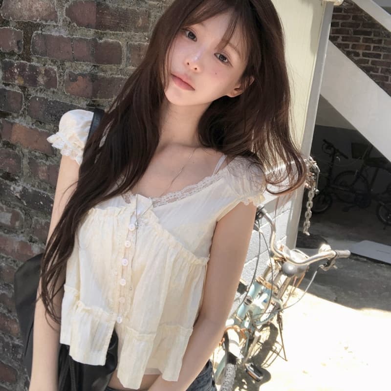 한 부서 달콤함 연령 감소 순수한 욕망 레이스 V넥 목이버섯 프릴 밑단 셔츠 이미지 3
