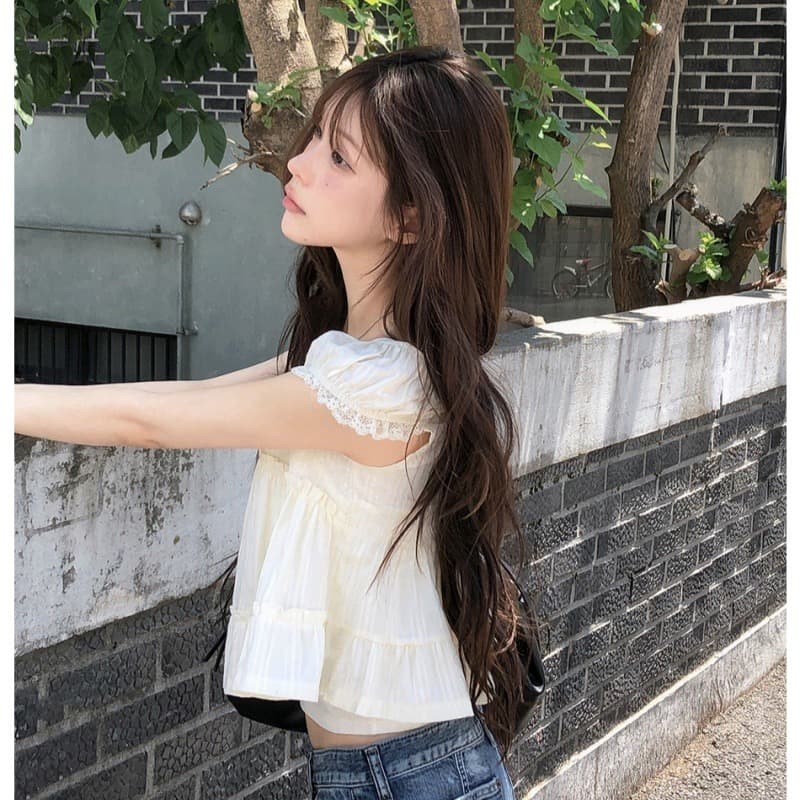 한 부서 달콤함 연령 감소 순수한 욕망 레이스 V넥 목이버섯 프릴 밑단 셔츠 이미지 5