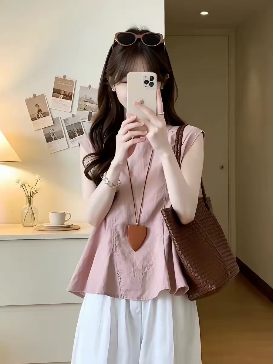 프랑스식 캐주얼 바람 핑크색 라운드 넥 셔츠 조끼 여성 여름 새로운 달콤함 연령 감소 루즈핏 슬림해 보이는 민소매 맨위 상세 이미지 2