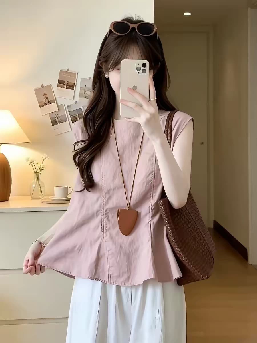 프랑스식 캐주얼 바람 핑크색 라운드 넥 셔츠 조끼 여성 여름 새로운 달콤함 연령 감소 루즈핏 슬림해 보이는 민소매 맨위 상세 이미지 3