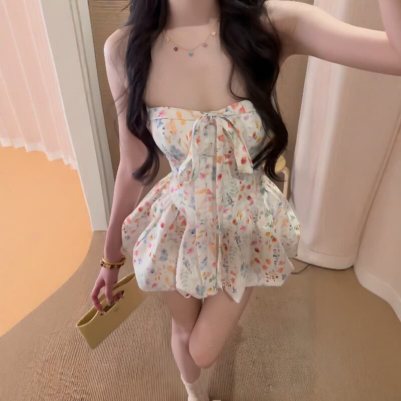프랑스식 달콤함 꽃무늬 레이스업 튜브탑 여성 드레스 여름 새로운 디자인 센스 허리 수축 슬림해 보이는 아름다운 짧은 치마 이미지 3
