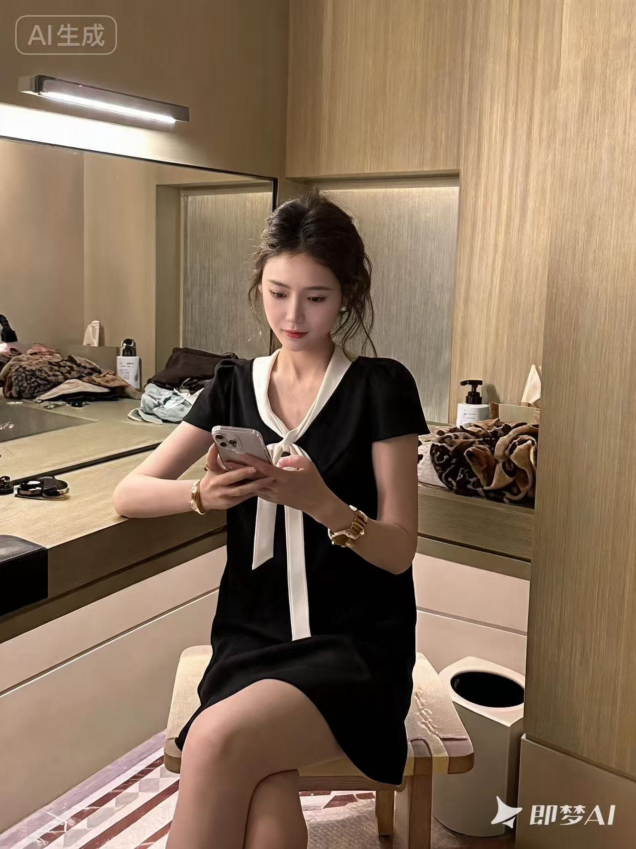 chichen- 양성 및 음성 둘 착용 배색 나비 매듭 흑인과 백인 배색 루즈핏 아세트산 드레스 이미지 3