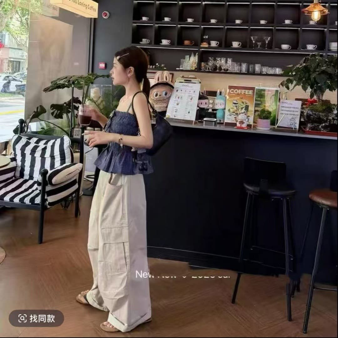 길다 김치 외국 가스 여름 루즈핏 쌀 살구 색상 캐주얼 바지 체크무늬 캐미솔 이미지 4