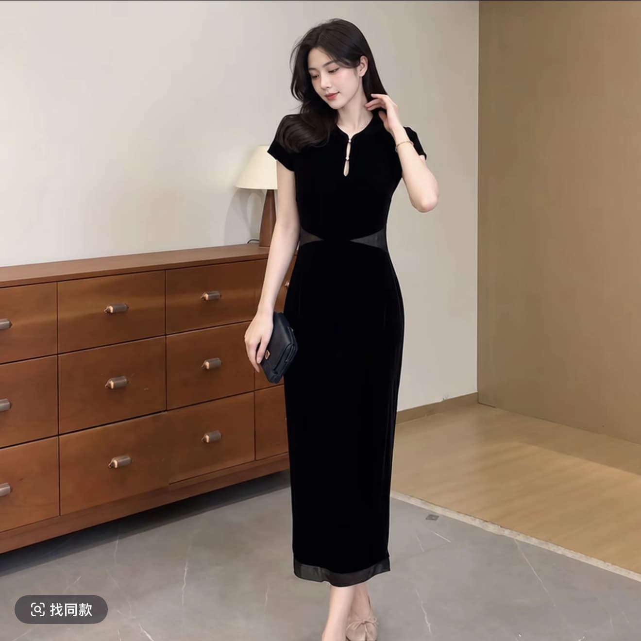 뽕나무 누에 실크 실크 벨벳 레트로 슬림해 보이는 허리 수축 반팔 품격 스탠드 칼라 디스플레이 화이트 몸매 가꾸기 드레스 상세 이미지 1
