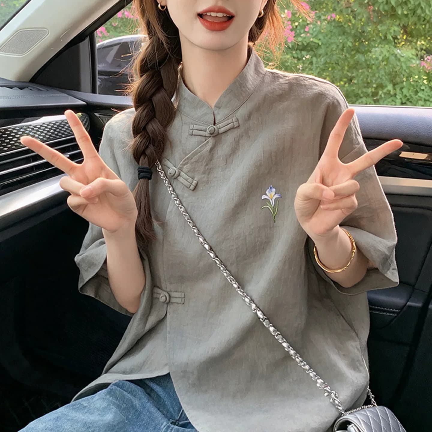 새로운 중식 국풍 고급 여성 셔츠 차 회색 붓꽃을 만발하다 면 린넨 반팔 티셔츠 여름 영 에디션 개선 당나라 이미지 5