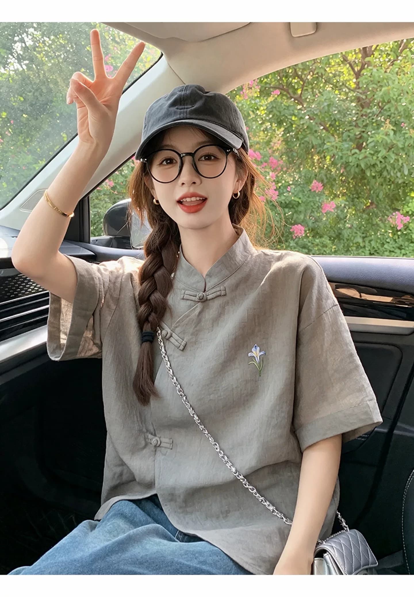새로운 중식 국풍 고급 여성 셔츠 차 회색 붓꽃을 만발하다 면 린넨 반팔 티셔츠 여름 영 에디션 개선 당나라 상세 이미지 4