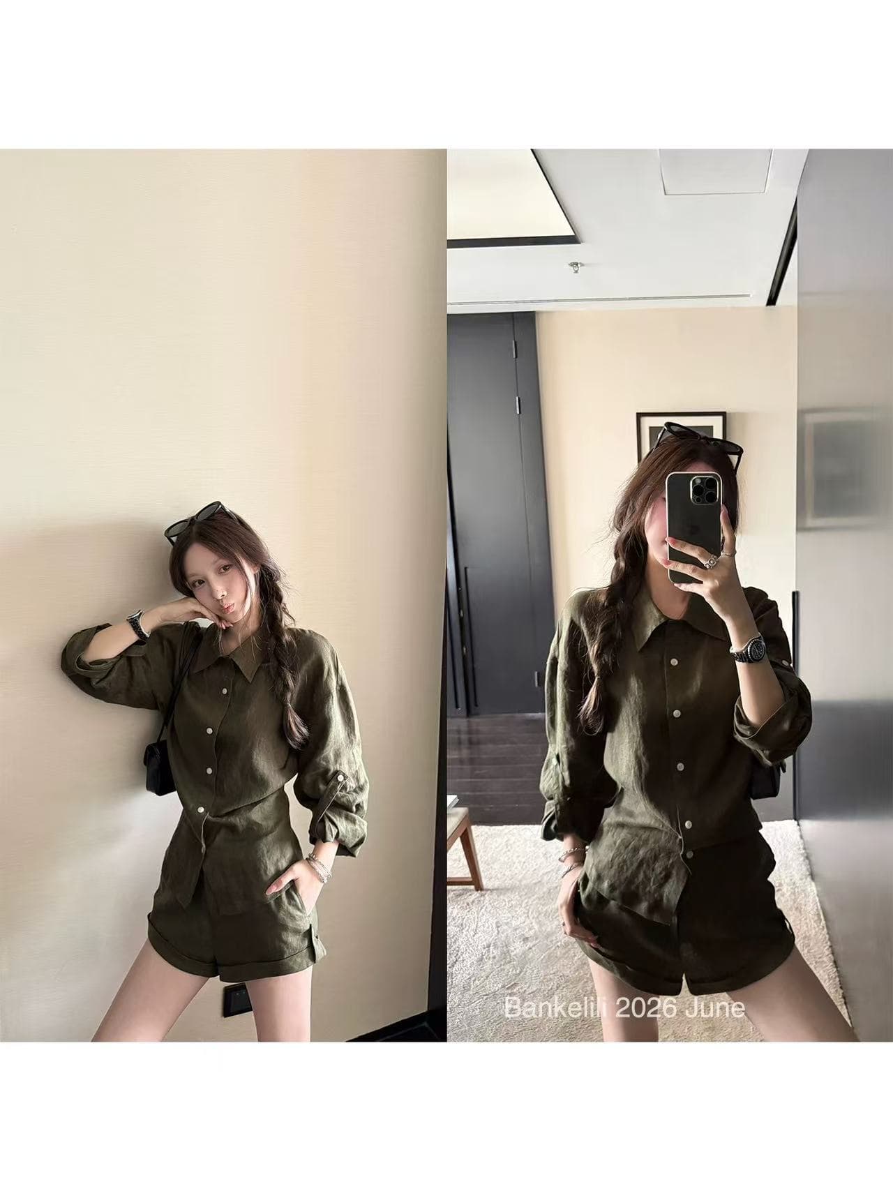 밤나무 코코아 bankelili 남양 오래된 돈 100 아마 느긋한 셔츠 볼륨 측면 반바지 세트 그룹 여성 여름 이미지 2