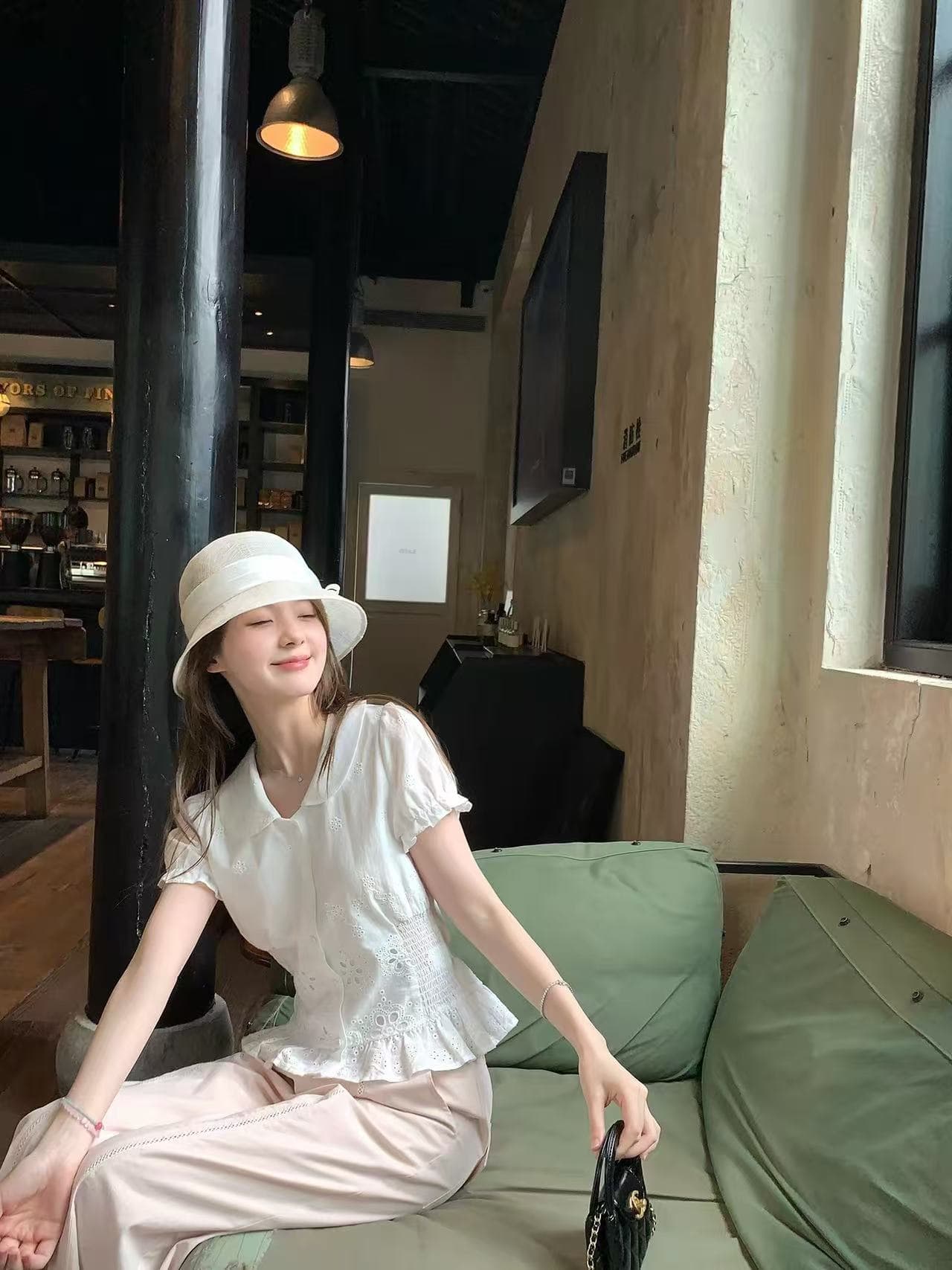 양 양 yangruoyu 우유 화이트 동백 나무 자수 프랑스식 반팔 셔츠 허리 수축 인형 셔츠 달콤함 맨위 이미지 2