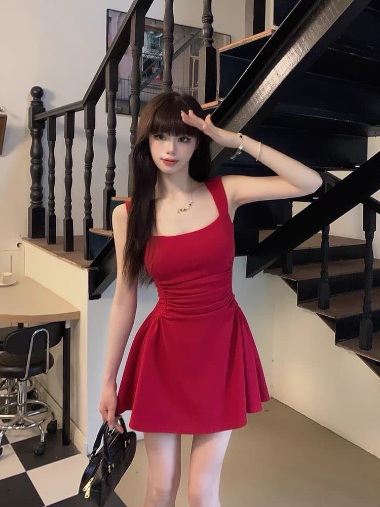 회화 솔루션 wahju 사랑 리 초기 일어나세요. 슬림해 보이는 허리 수축 여름 슬립 여성 드레스 품격 연령 감소 민소매 미니 스커트 상세 이미지 4