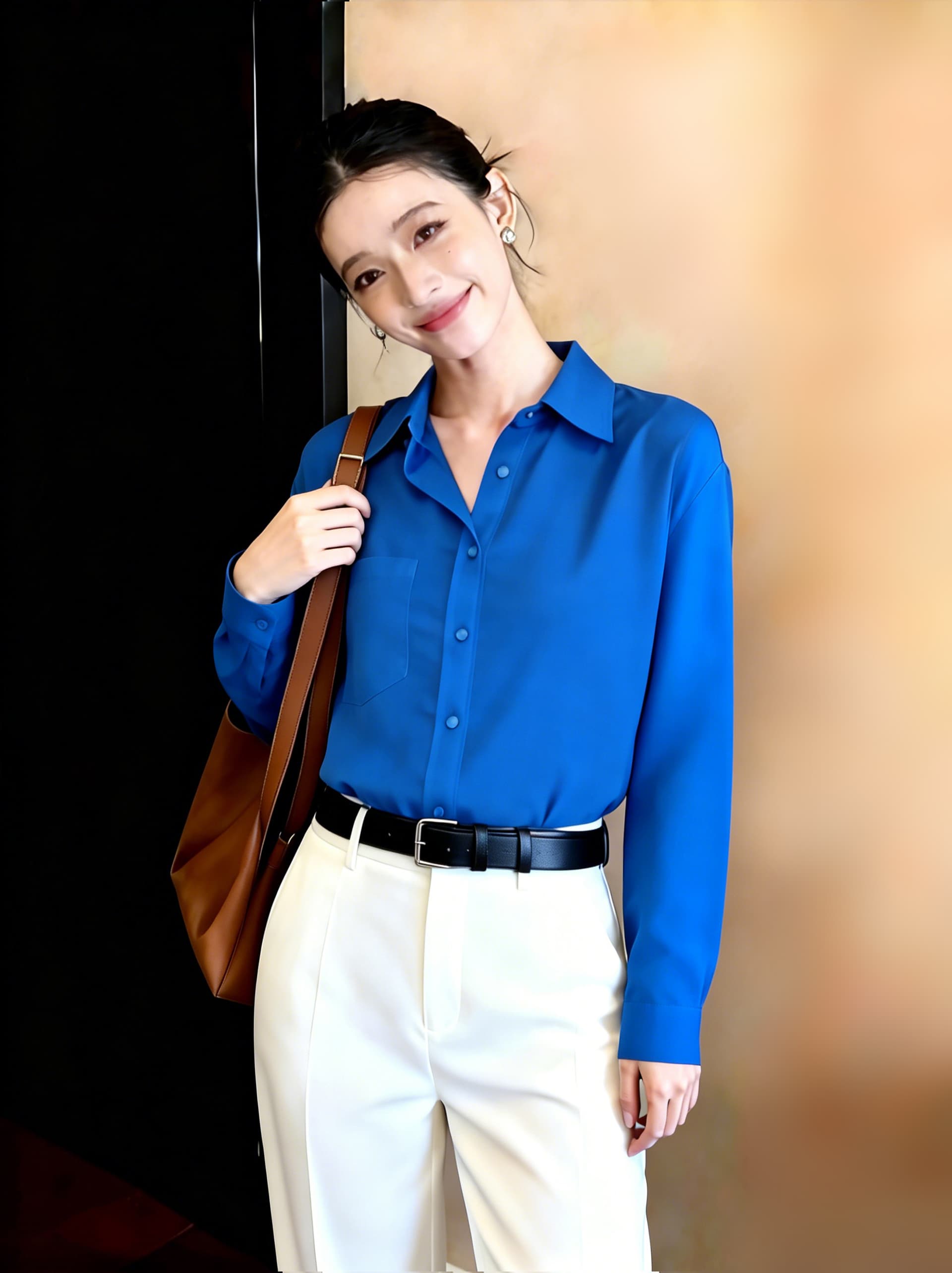 톰 글 래 원인 블루 POLO 칼라 실크 긴팔 여성 셔츠 가을 출퇴근 다용도 셔츠 오픈 가디건 자외선 차단 재킷 맨위 이미지 4