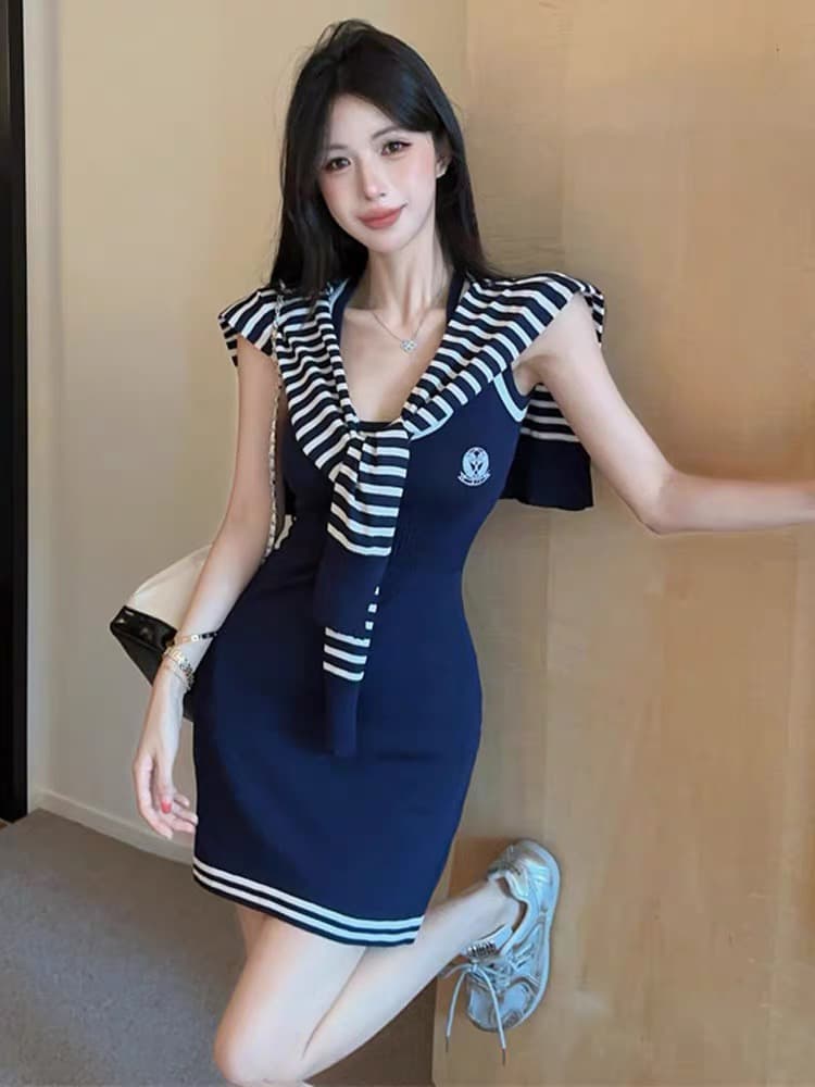 한 부서 학원 스타일 스트라이프 숄 스트랩 드레스 달콤한 매운맛 섹시함 연령 감소 몸매 가꾸기 슬림해 보이는 한 마디 조끼 미니 스커트 이미지 4