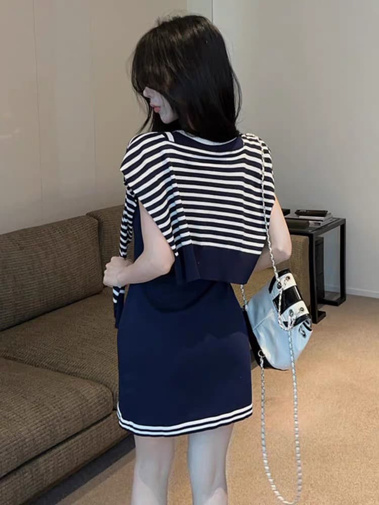 한 부서 학원 스타일 스트라이프 숄 스트랩 드레스 달콤한 매운맛 섹시함 연령 감소 몸매 가꾸기 슬림해 보이는 한 마디 조끼 미니 스커트 상세 이미지 1