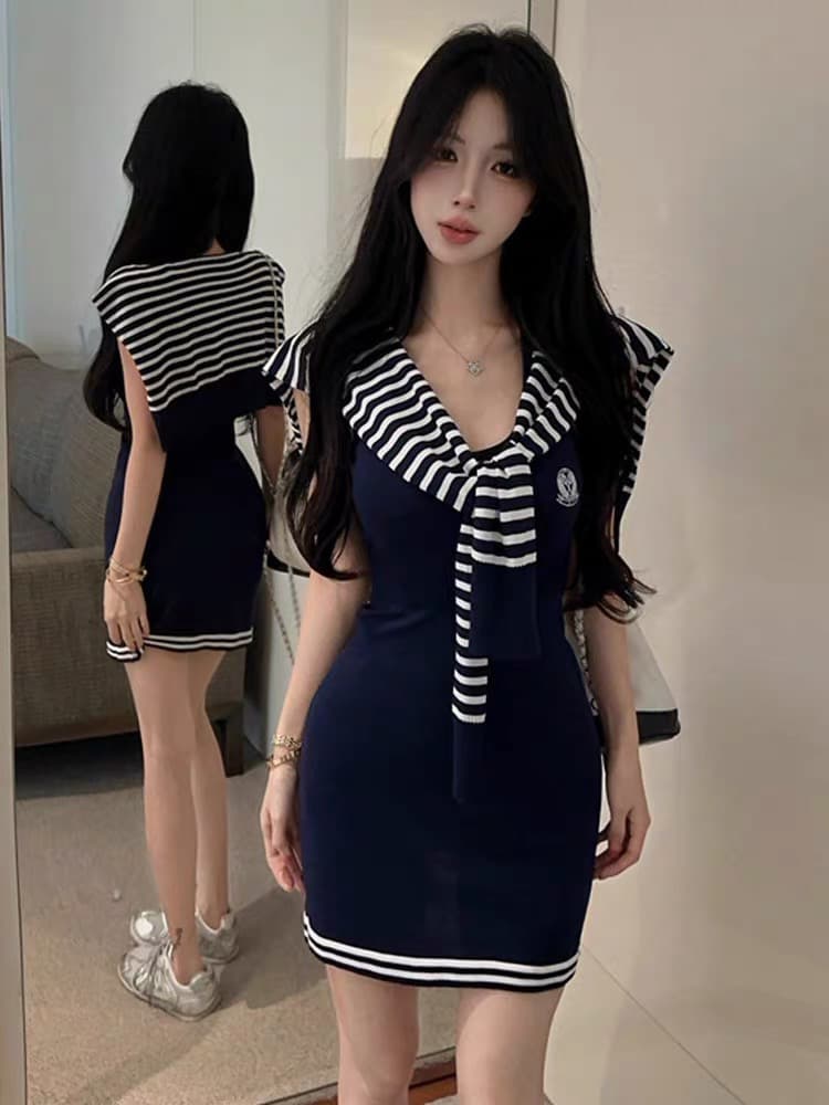 한 부서 학원 스타일 스트라이프 숄 스트랩 드레스 달콤한 매운맛 섹시함 연령 감소 몸매 가꾸기 슬림해 보이는 한 마디 조끼 미니 스커트 상세 이미지 2