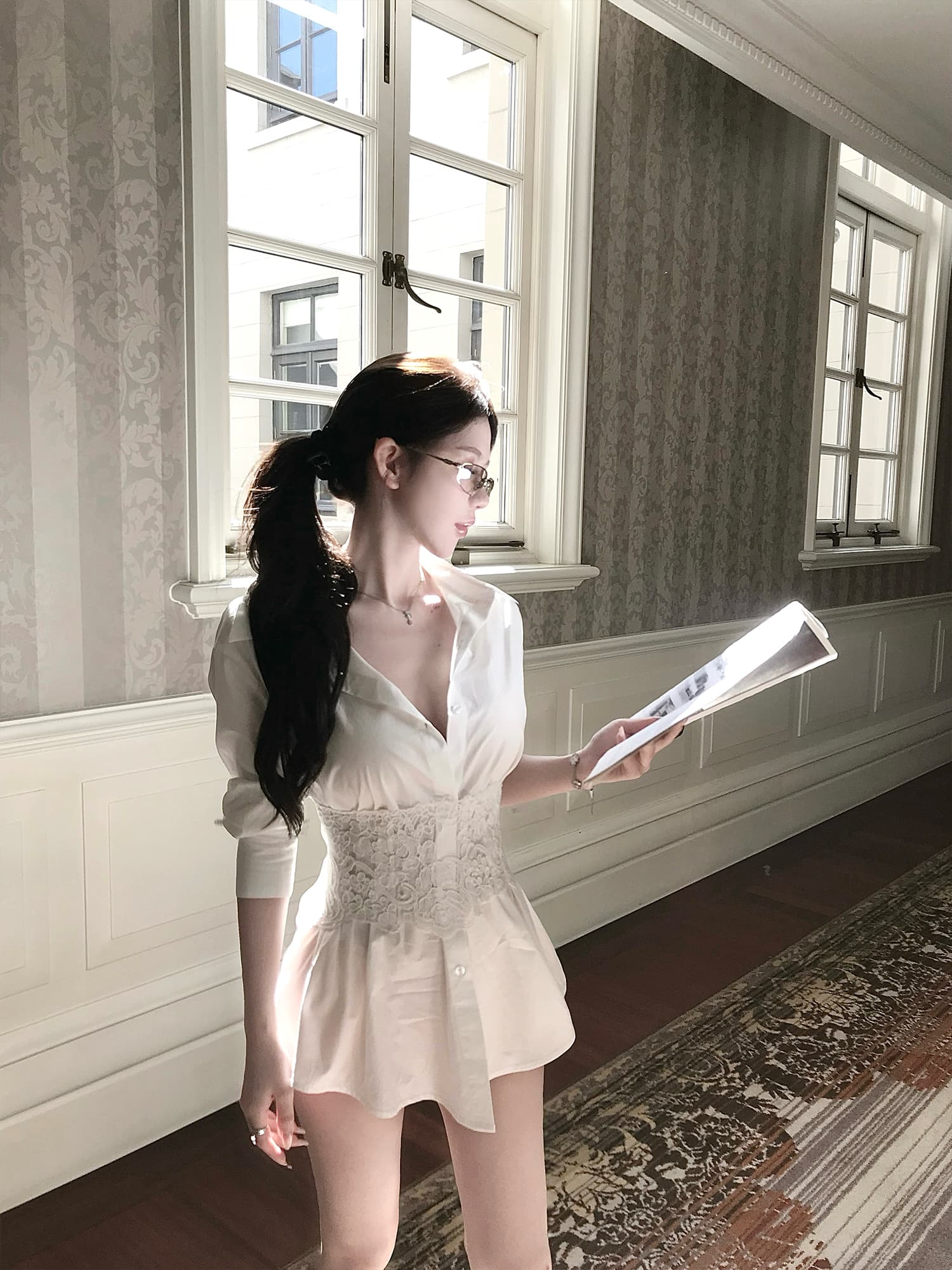 kubiliv9 08 주간 켜기 새로운 흡인력 규칙 레이스 레이스업 허리 긴팔 셔츠 상세 이미지 3