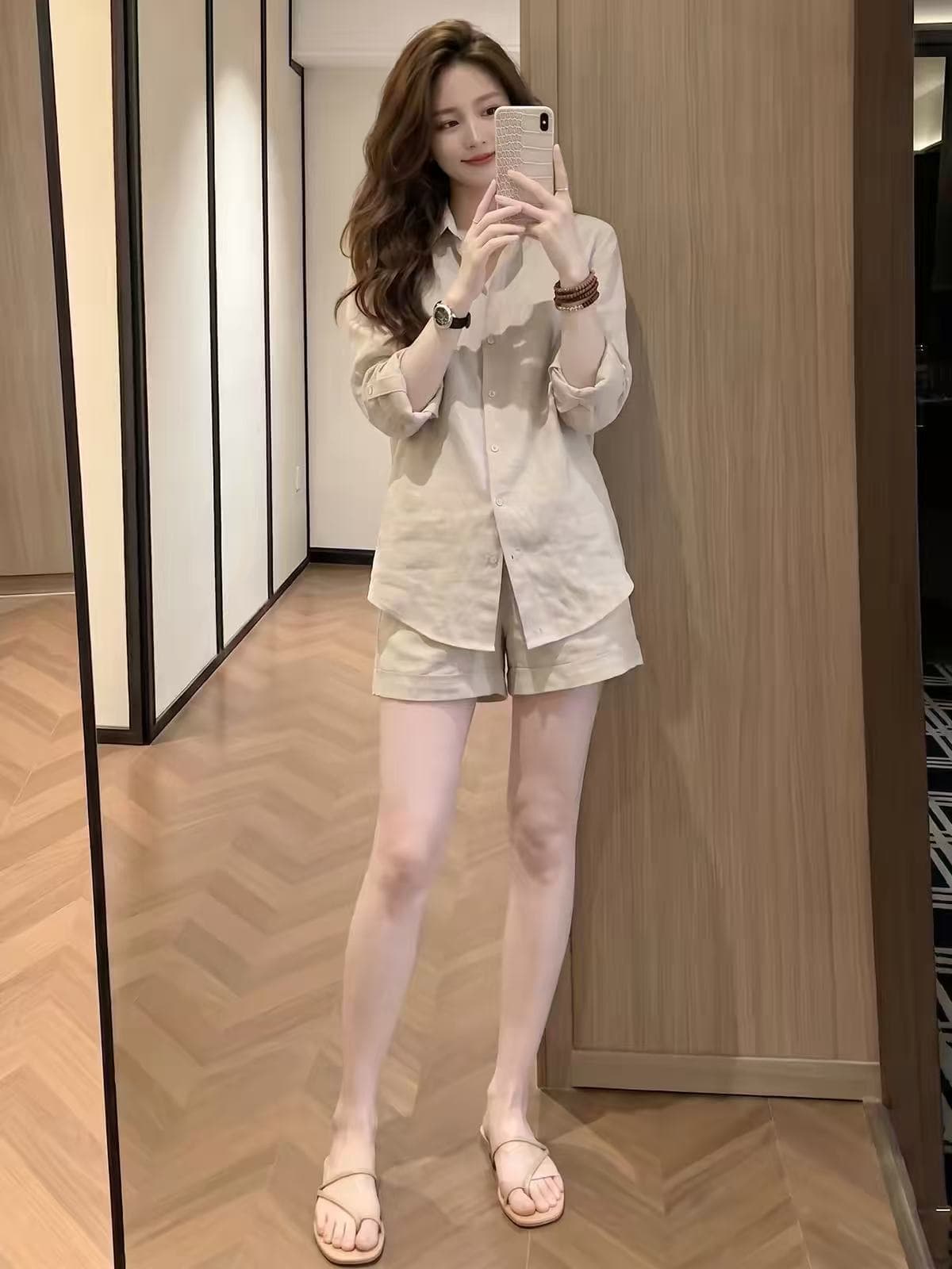 면 린넨 여성 오래된 돈 바람 착용 가져 가라. 고급 센스 세트 여름 자외선 차단 느긋한 레트로 아마 셔츠 반바지 투피스 세트 상세 이미지 1