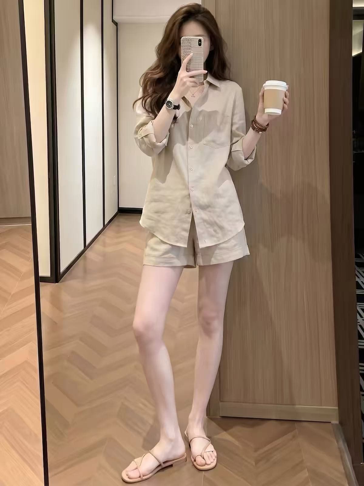 면 린넨 여성 오래된 돈 바람 착용 가져 가라. 고급 센스 세트 여름 자외선 차단 느긋한 레트로 아마 셔츠 반바지 투피스 세트 상세 이미지 2