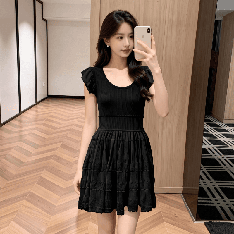 생방송 폭발 2026 박하 남자 웨이브 작은 날다 소매 니트 여성 드레스 여름 작은 키 쇼트 스타일 허리 수축 A라인 스커트 이미지 4