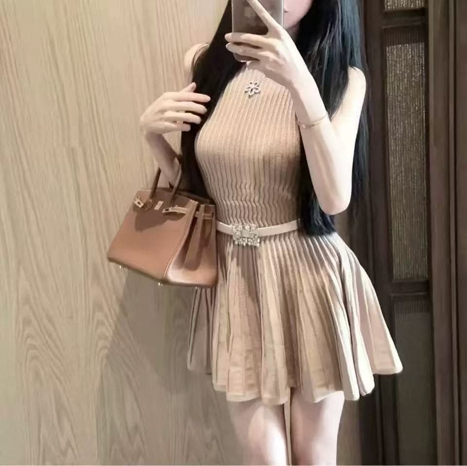 프랑스식 미니멀리즘 명문 여성 품격 플리츠 니트 여성 드레스 여름 섹션 스와로브스키 벨트 허리 수축 작은 키 민소매 치마 상세 이미지 1