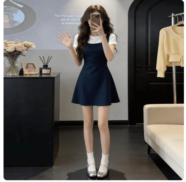 한 부서 배색 패치워크 페이크 레이어드 한 마디 여성 드레스 여름 주름 허리 수축 슬림해 보이는 달콤한 핫걸 반팔 티셔츠 치마 상세 이미지 2