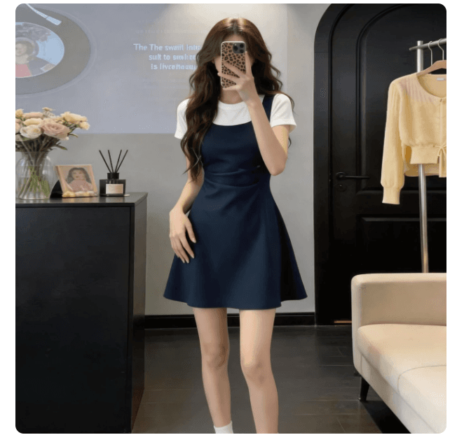 한 부서 배색 패치워크 페이크 레이어드 한 마디 여성 드레스 여름 주름 허리 수축 슬림해 보이는 달콤한 핫걸 반팔 티셔츠 치마 상세 이미지 3