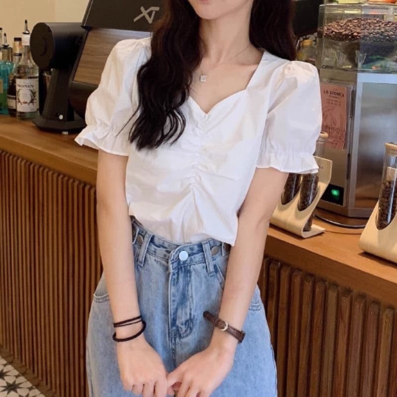 요정 가스 쇄골 비스듬한 광장 근육 칼라 버블 반팔 여성 셔츠 고유 한 Chic 디자인 맨위 코디 높은 허리 바지 여름 상세 이미지 2