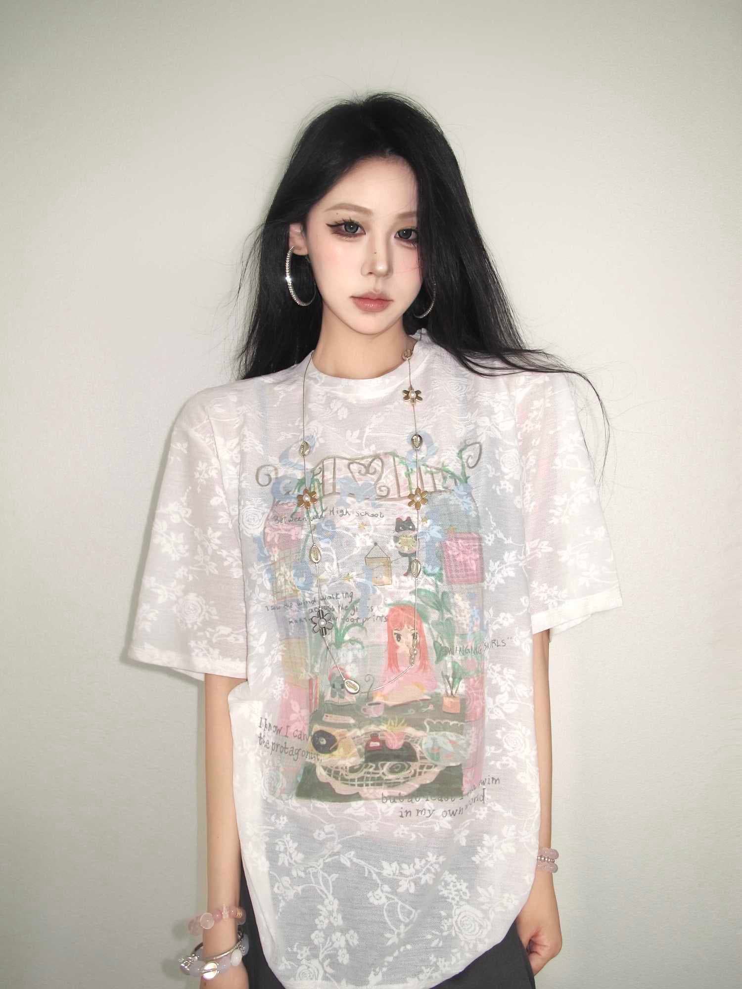 달콤한 여성 높음 프린트 디자인 여름 새로운 블라우스 반팔 티셔츠 여성 루즈핏 느긋한 캐주얼 맨위 이미지 4