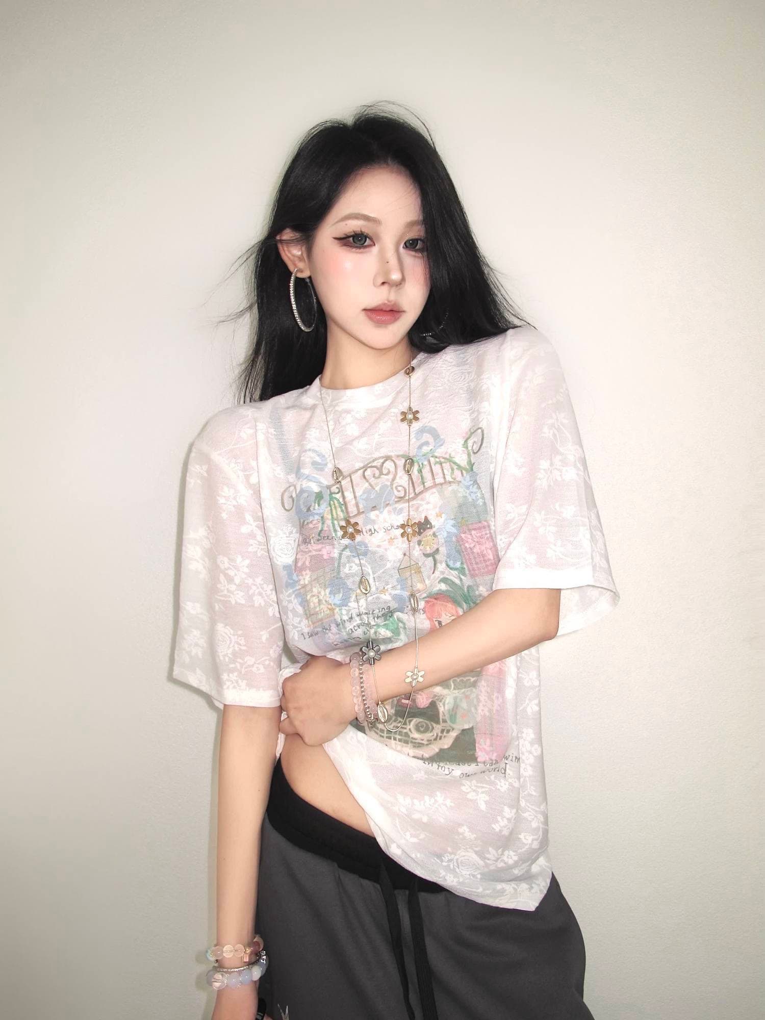 달콤한 여성 높음 프린트 디자인 여름 새로운 블라우스 반팔 티셔츠 여성 루즈핏 느긋한 캐주얼 맨위 이미지 3