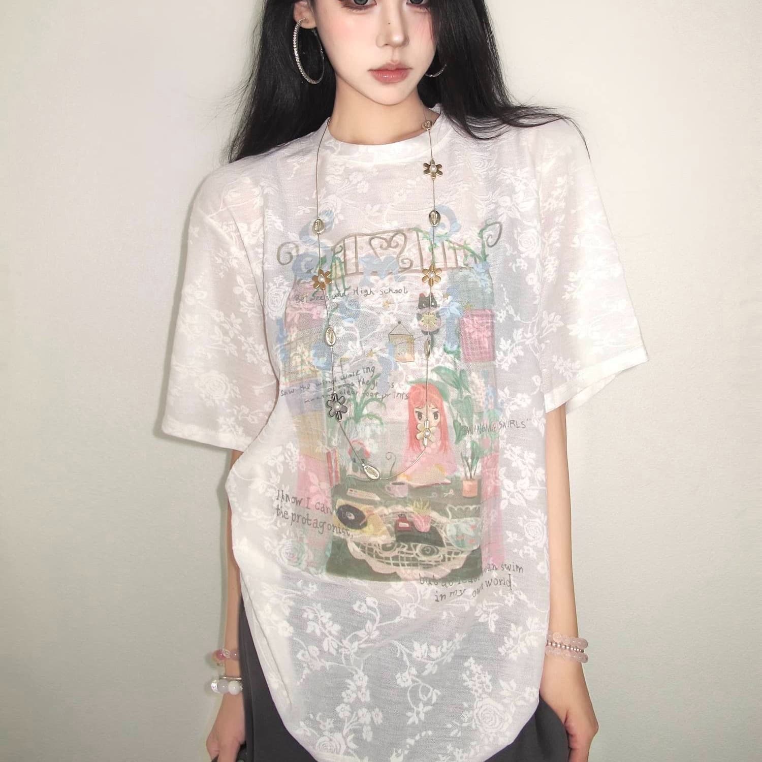 달콤한 여성 높음 프린트 디자인 여름 새로운 블라우스 반팔 티셔츠 여성 루즈핏 느긋한 캐주얼 맨위 이미지 5