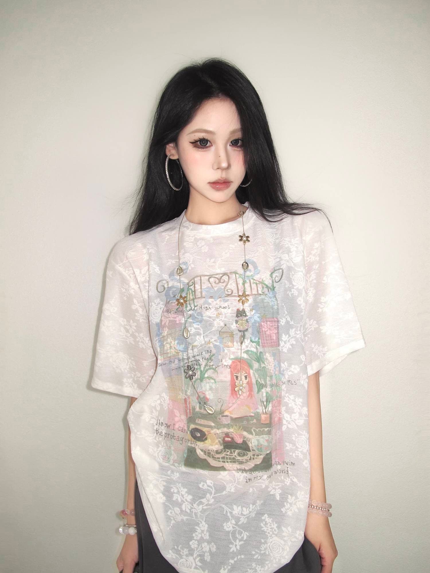 달콤한 여성 높음 프린트 디자인 여름 새로운 블라우스 반팔 티셔츠 여성 루즈핏 느긋한 캐주얼 맨위 상세 이미지 1