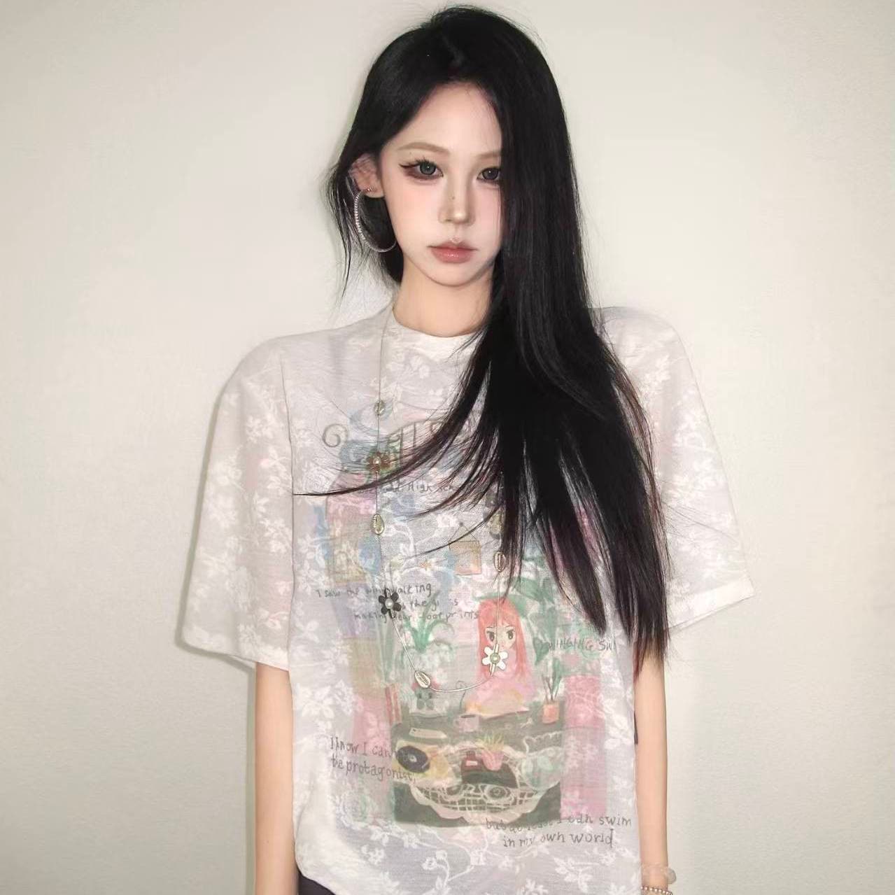 달콤한 여성 높음 프린트 디자인 여름 새로운 블라우스 반팔 티셔츠 여성 루즈핏 느긋한 캐주얼 맨위 상세 이미지 2