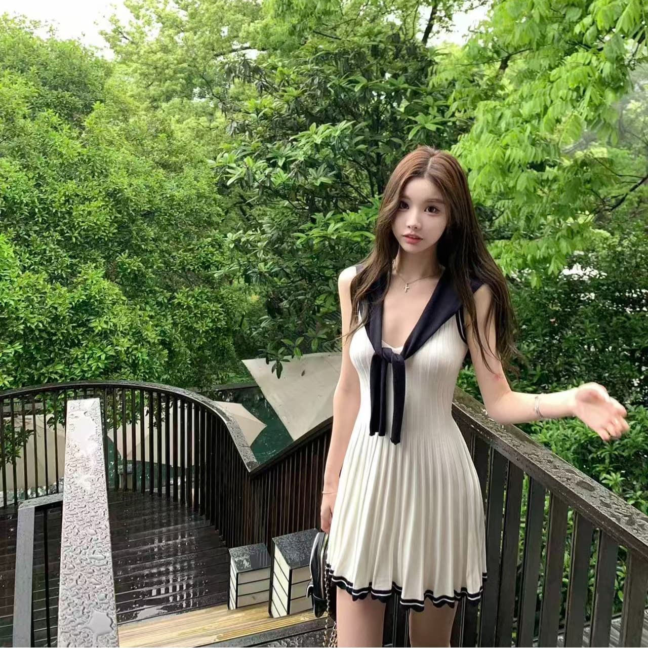 치우 고기 야오 miu 부서 사설 서비스 느슨함 한 부서 통기성 배색 숄 드레스 투피스 세트 여름 드레스 이미지 5