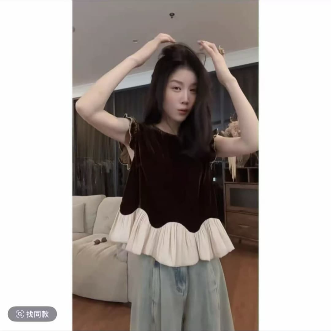 왕위 왕위 독점적 인 프랑스식 라운드 넥 밑단 물결무늬 레이스 슬림해 보이는 벨벳 맨위 상세 이미지 1